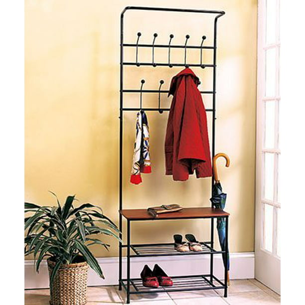 Fashion Garment Rack Finefurniture Entryway Coat and Shoe Rack with 18 Hooks and 3-Tier Shelves Bag Clothes Umbrella and Hat Rack with Hanger Bar 